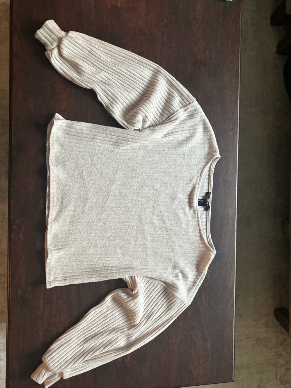 Forever 21 Cream Ribbed Balloon Sleeve Crewneck Sweater